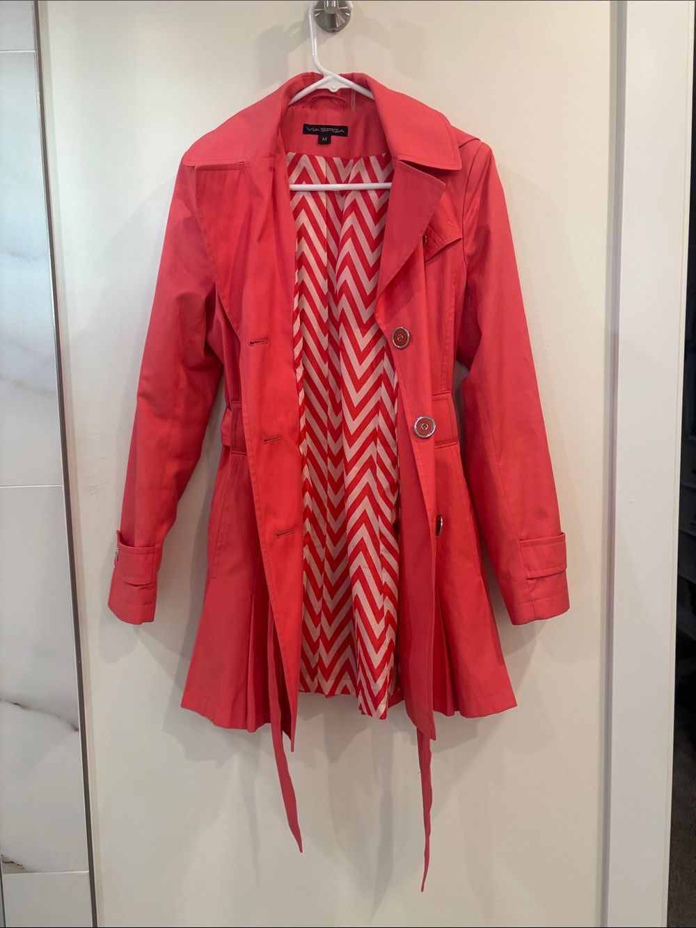 Via Spiga Coral-Pink Trench Coat with Chevron Lining